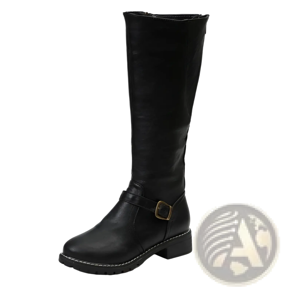 Black leather knee high knight boot with gold toned buckle stitched detailing and low heel front view