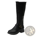 Black leather knee high knight boot with gold toned buckle stitched detailing and low heel front view