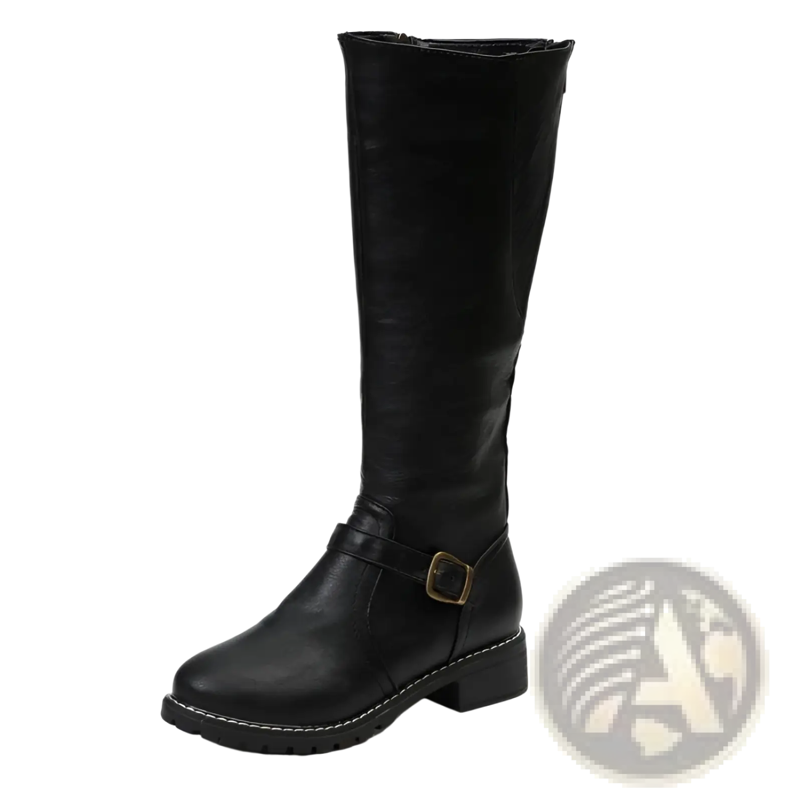 Black leather knee high knight boot with gold toned buckle stitched detailing and low heel front view