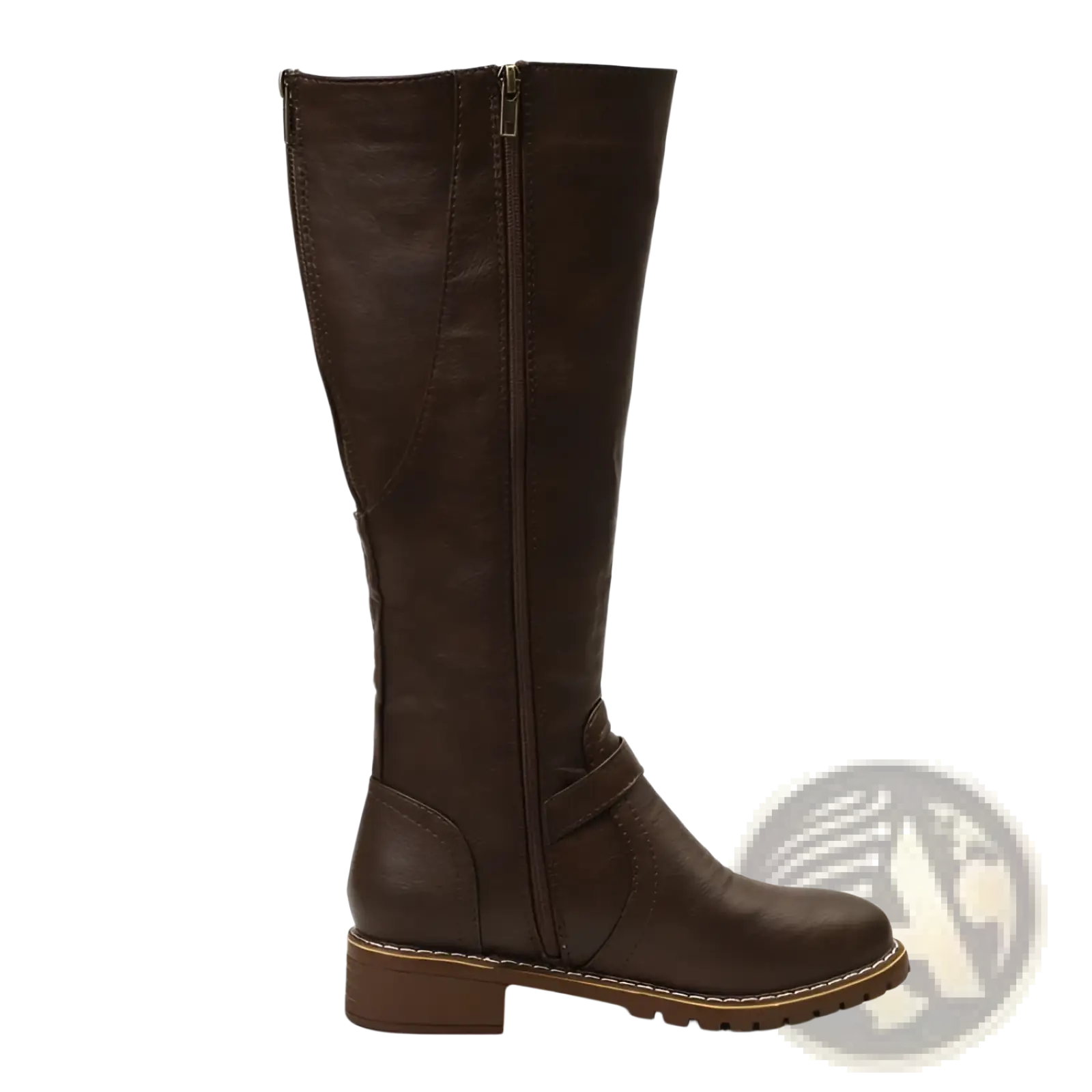 Brown leather knee high knight boot with gold buckle, side zipper, and low block heel