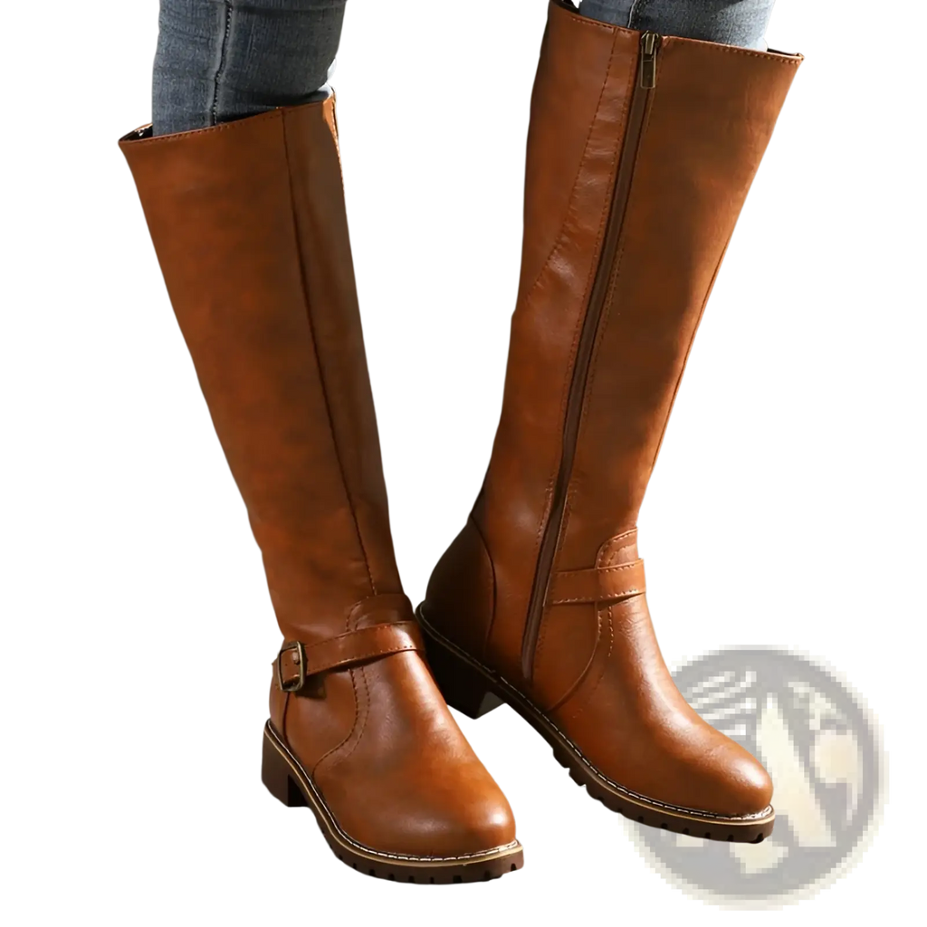 Tan leather knee high knight boots with gold buckle low block heel and side zipper shown from the back side