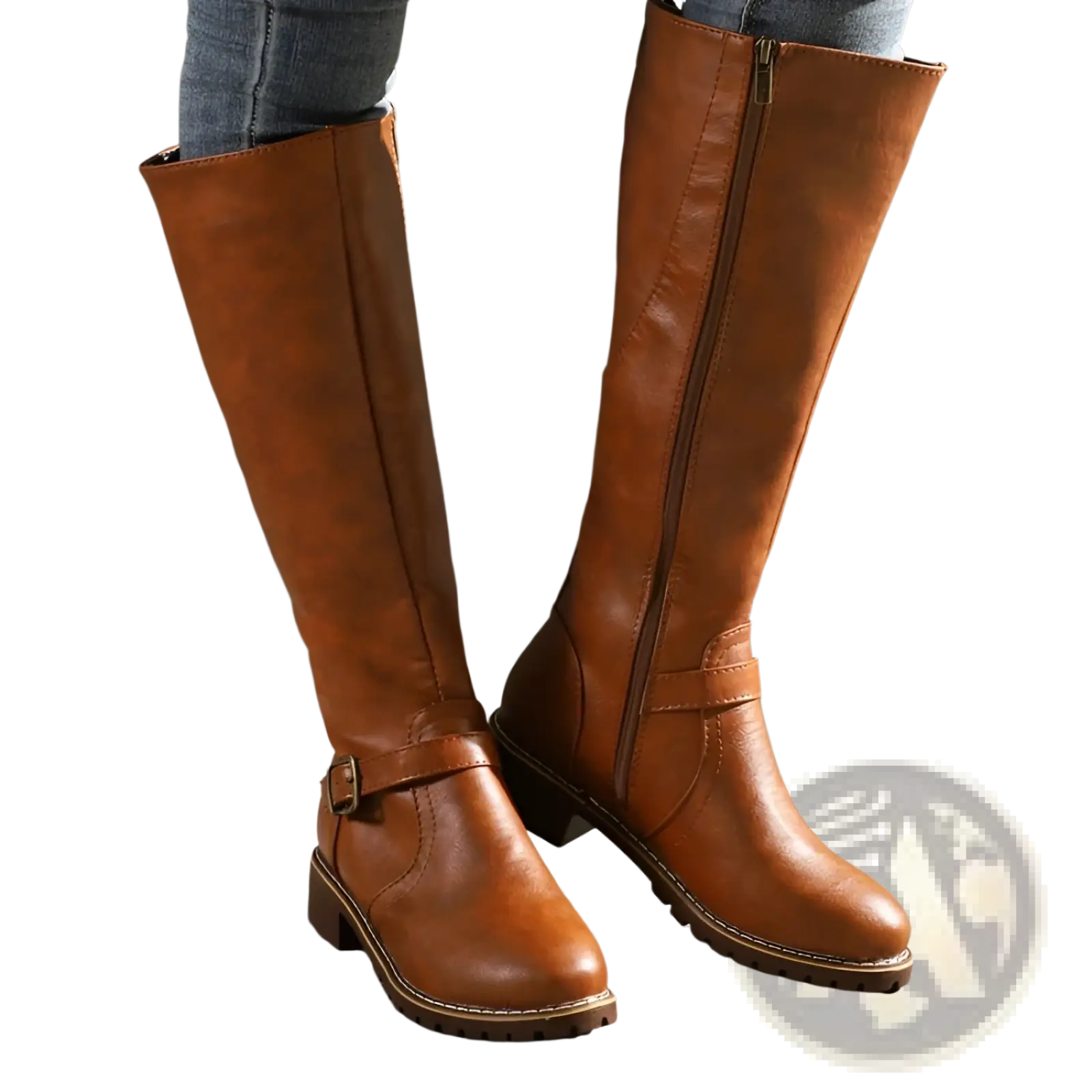 Tan leather knee high knight boots with gold buckle low block heel and side zipper shown from the back side