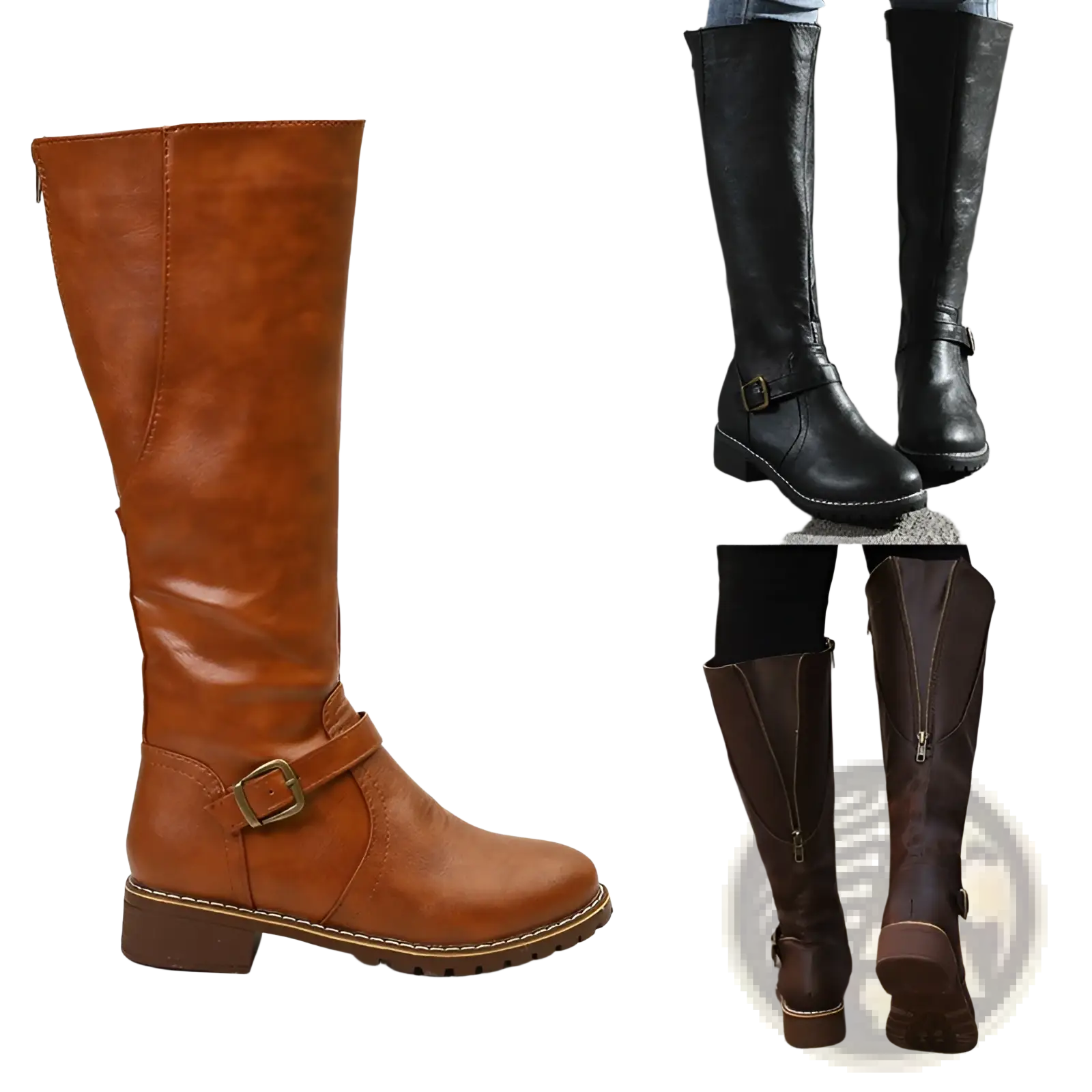 Tan faux leather knee high knight boot with gold buckle strap and low block heel displayed from the back side