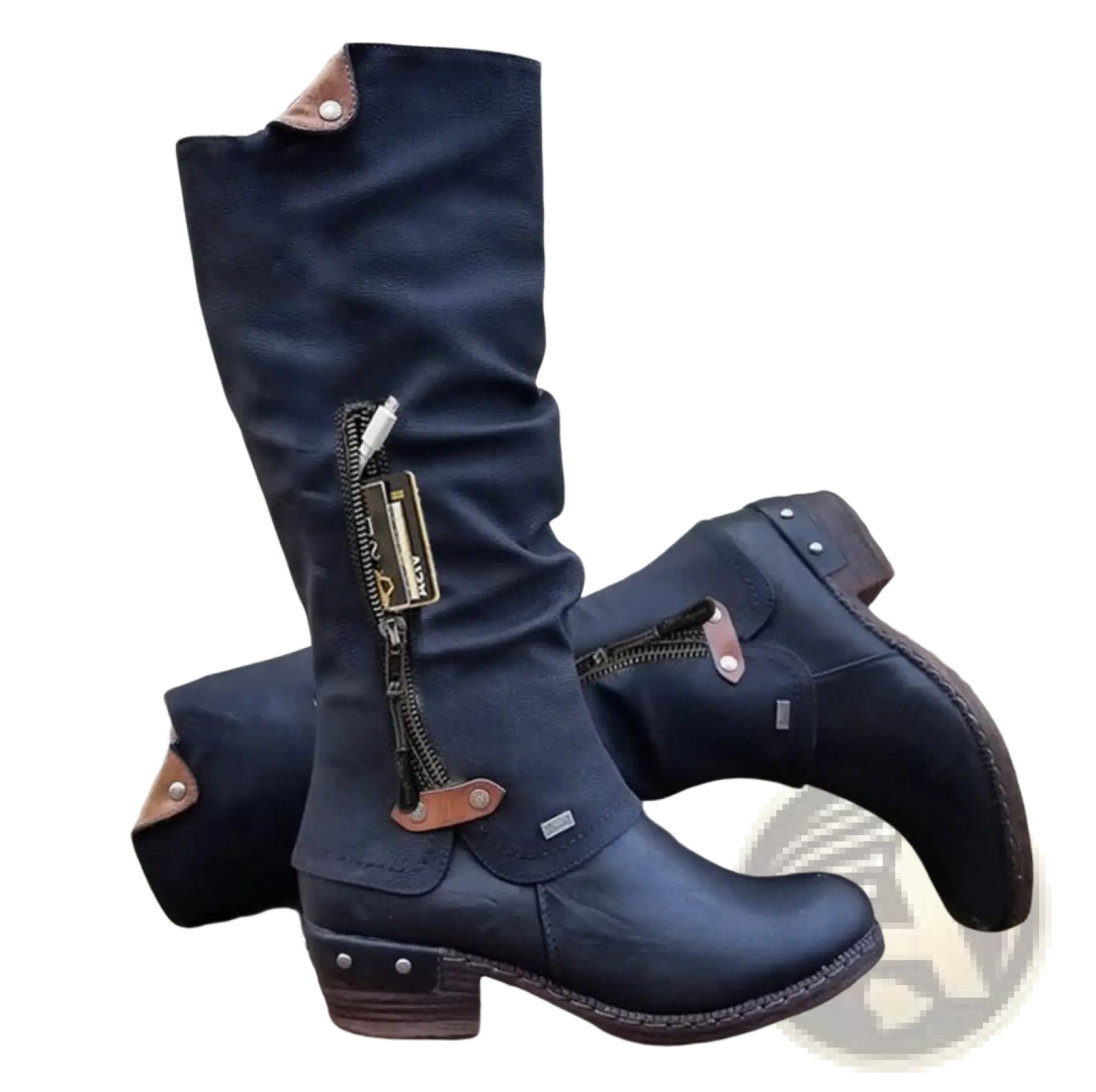 Dark blue knee high suede leather boots with brown accents and side zipper featuring a block heel design
