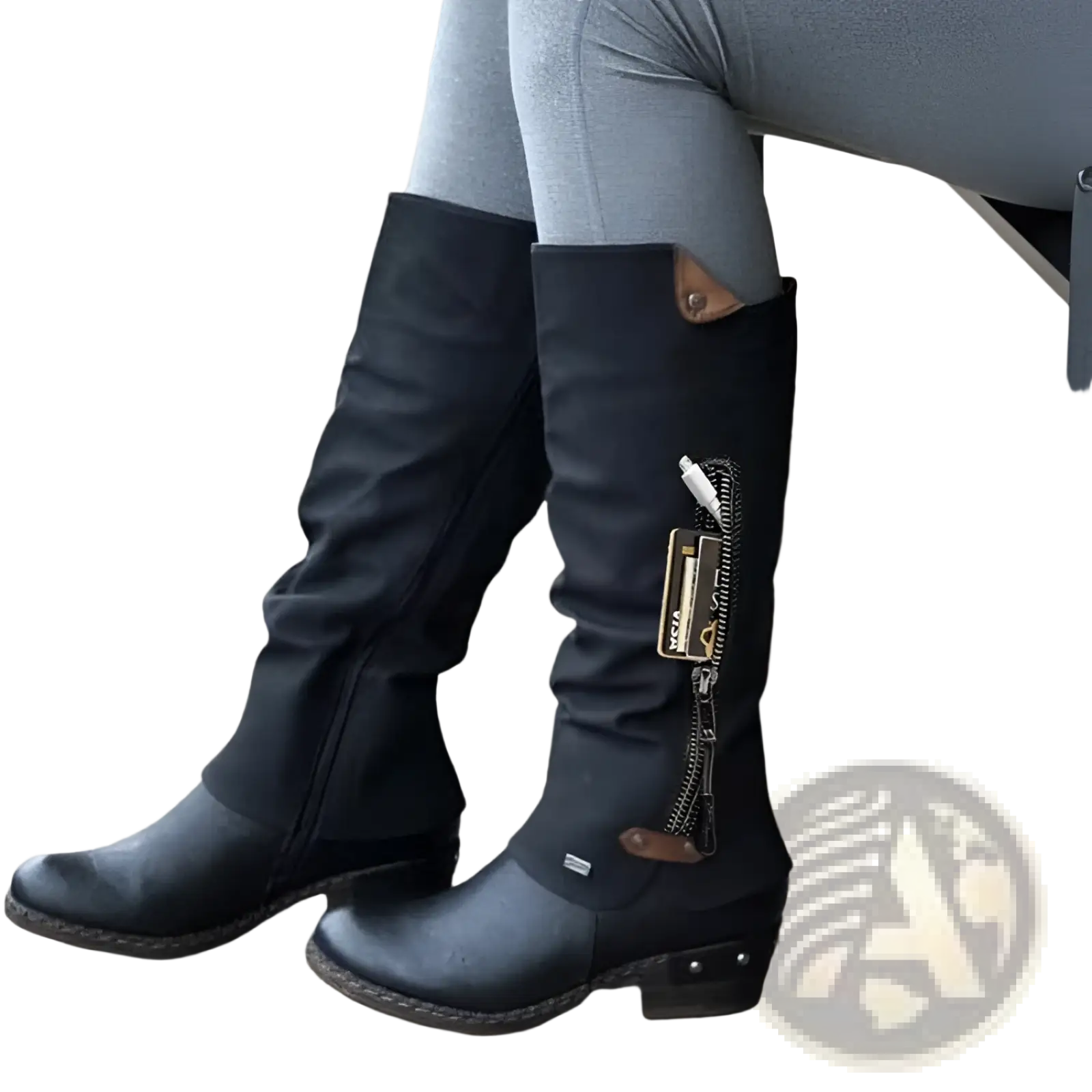 Black knee high suede leather boots with block heel featuring side zipper and brown leather accents