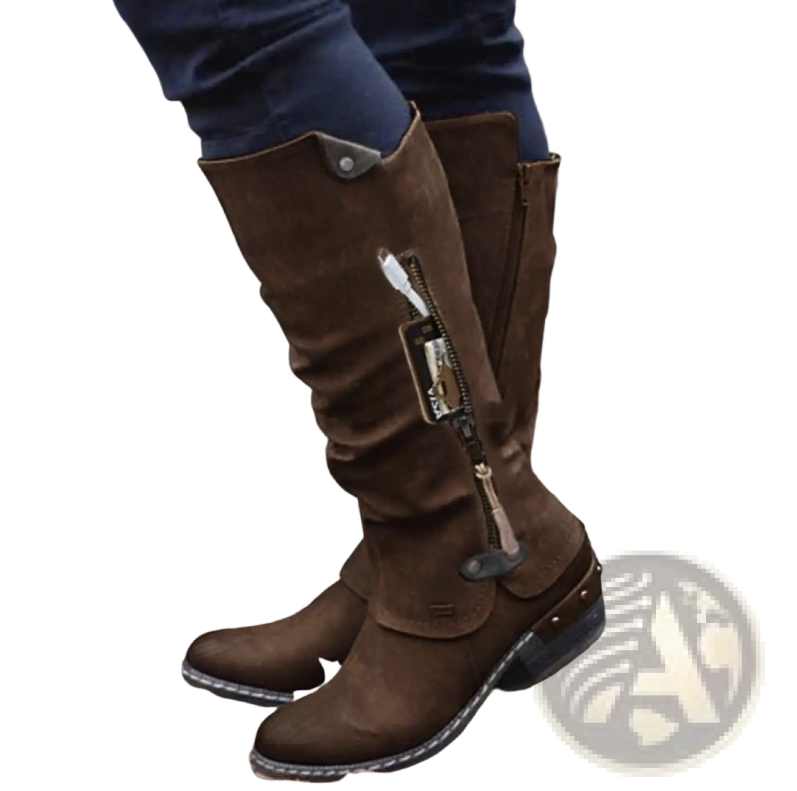 Knee high brown suede leather boots with block heel side zipper and metal accents for stylish wear