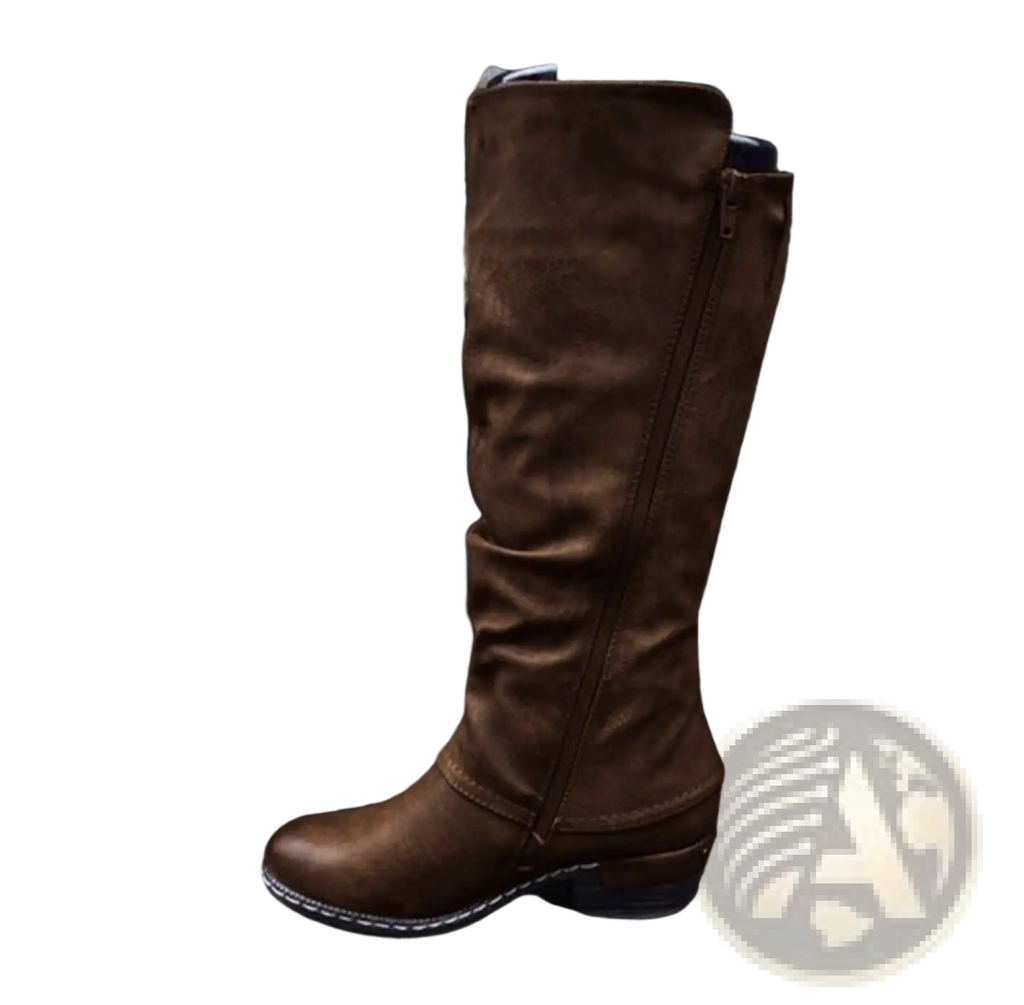 Brown suede knee high leather boot with side zipper and low block heel for stylish and comfortable wear