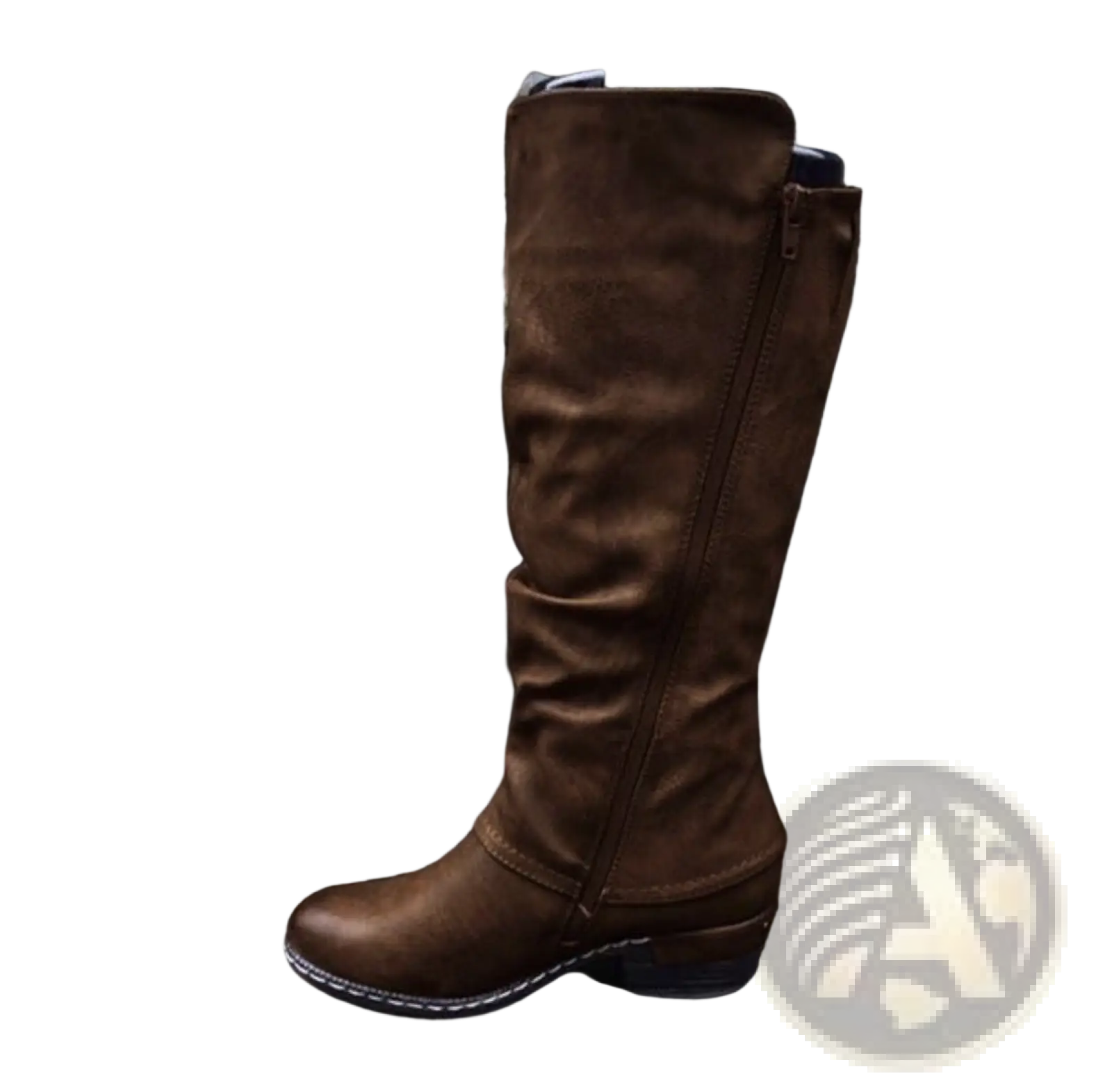 Brown suede knee high leather boot with side zipper and low block heel for stylish and comfortable wear