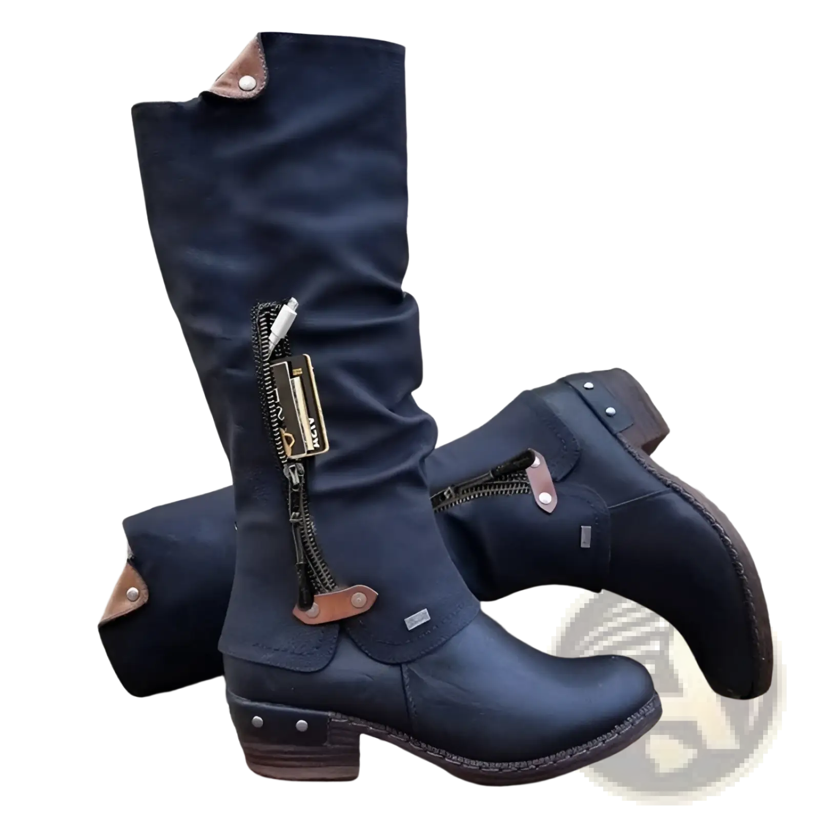 Dark blue knee high suede leather boots with brown accents and zippers featuring a block heel