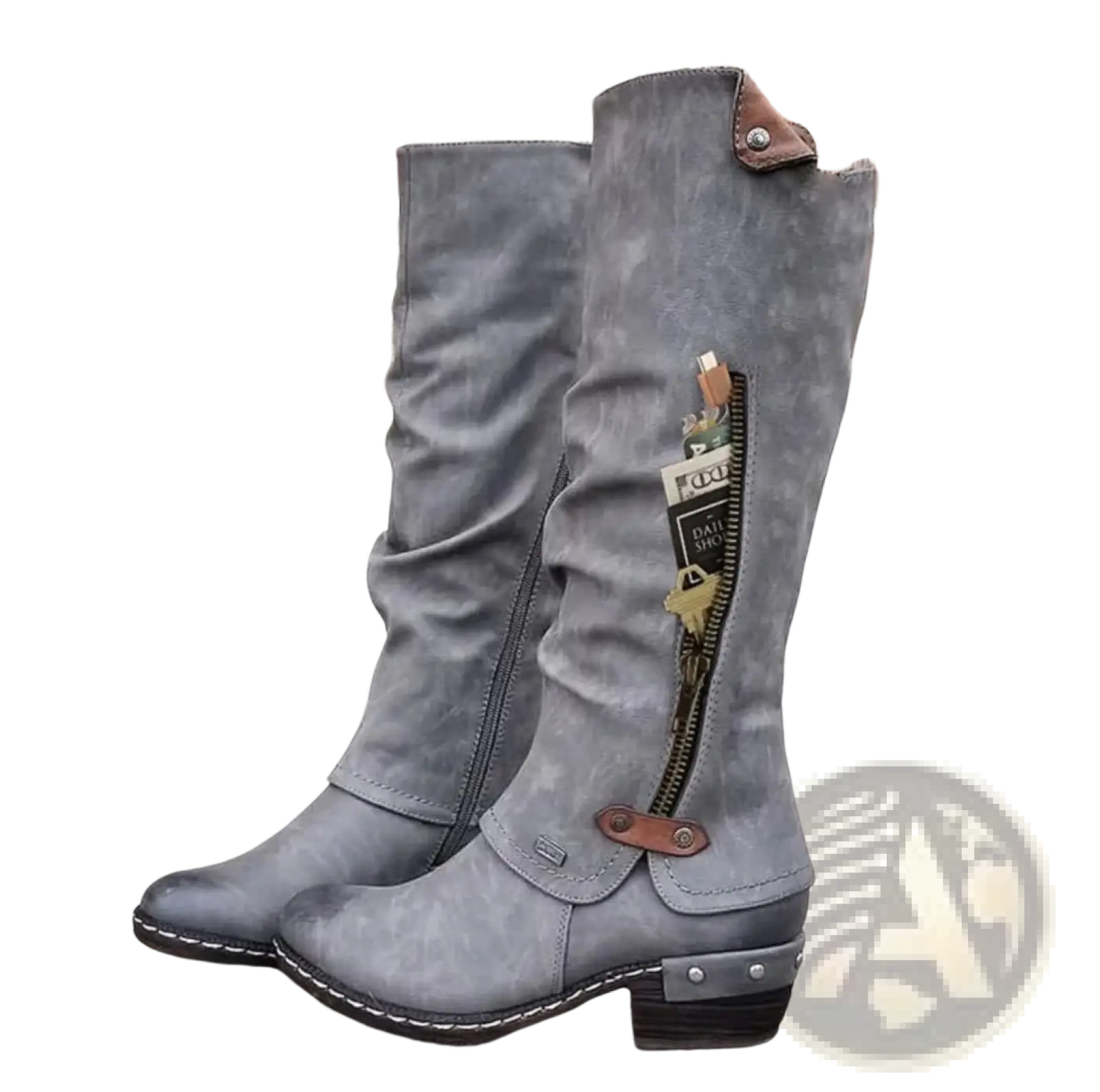 Gray suede knee high boots with brown leather accents and a low block heel for stylish wear