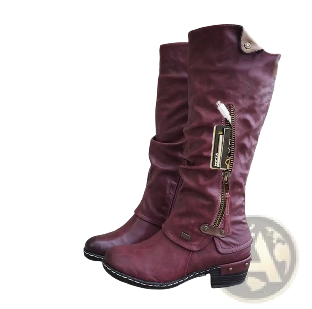 Maroon knee high suede leather boots with low block heel and decorative zipper accents shown from the back side