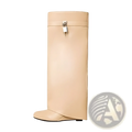 Beige leather knee high wedge boots featuring a silver padlock buckle for stylish secure wear