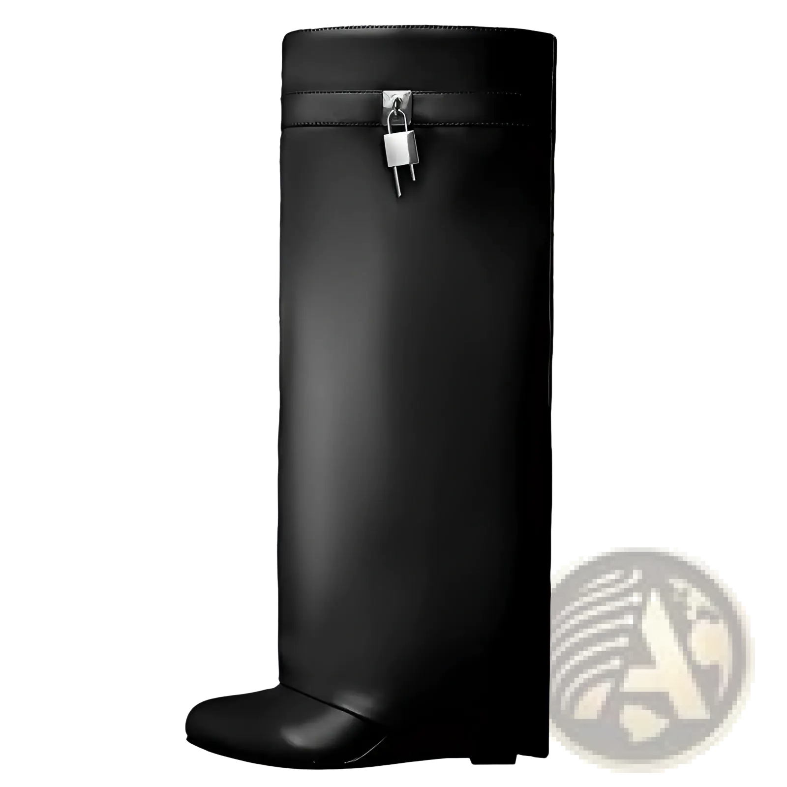 Black Givenchy knee high wedge boot with silver padlock buckle and zipper pull made of leather