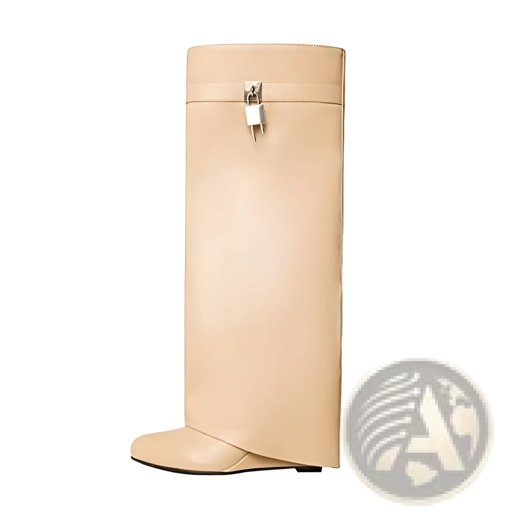 Beige leather knee high wedge boot featuring a silver padlock buckle on the front side