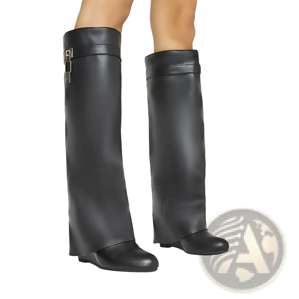 Black leather knee high wedge boots by Givenchy with a distinctive silver padlock buckle detail at the top