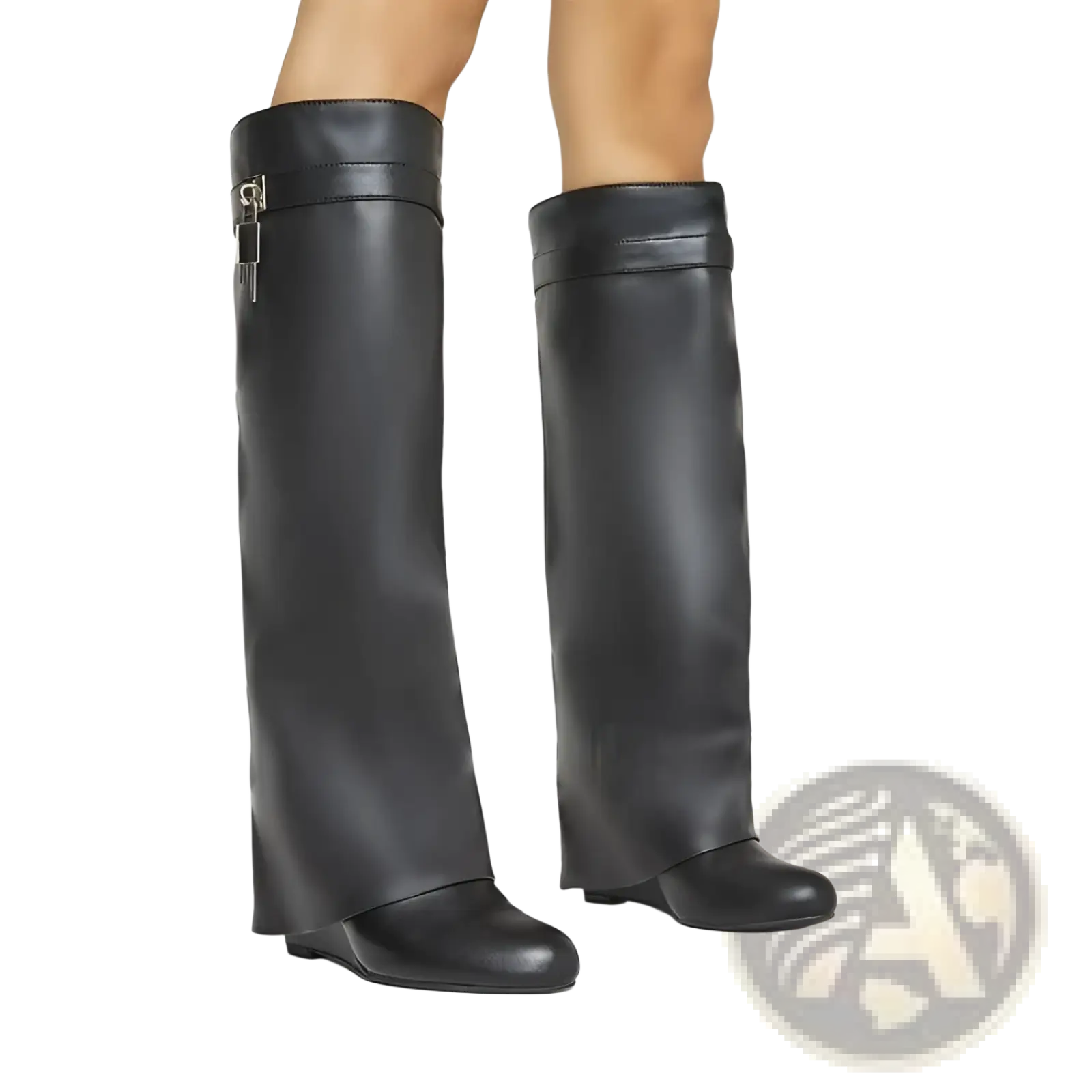 Black leather knee high wedge boots by Givenchy with a distinctive silver padlock buckle detail at the top