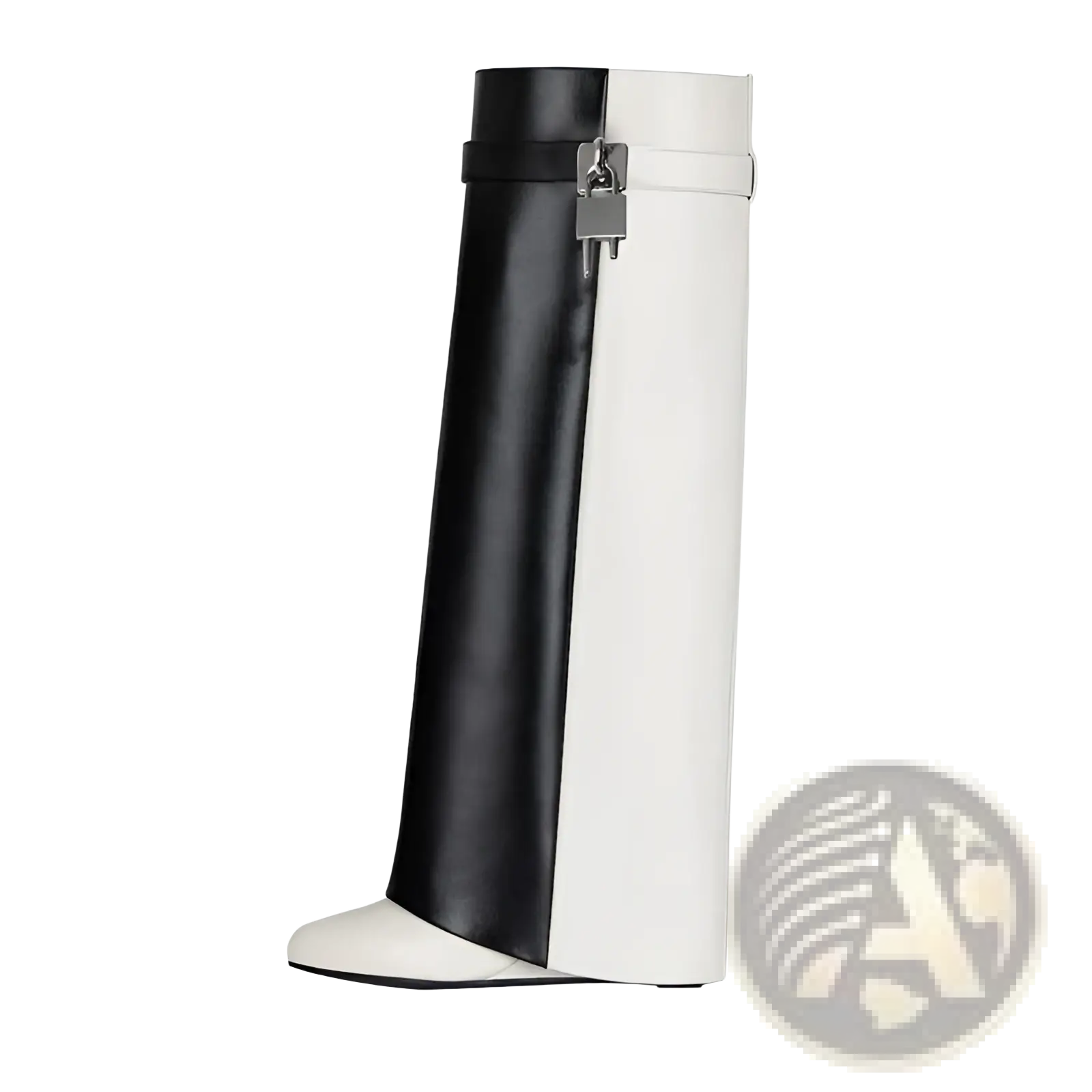 Black and white leather knee high wedge boots with a silver padlock buckle at the top