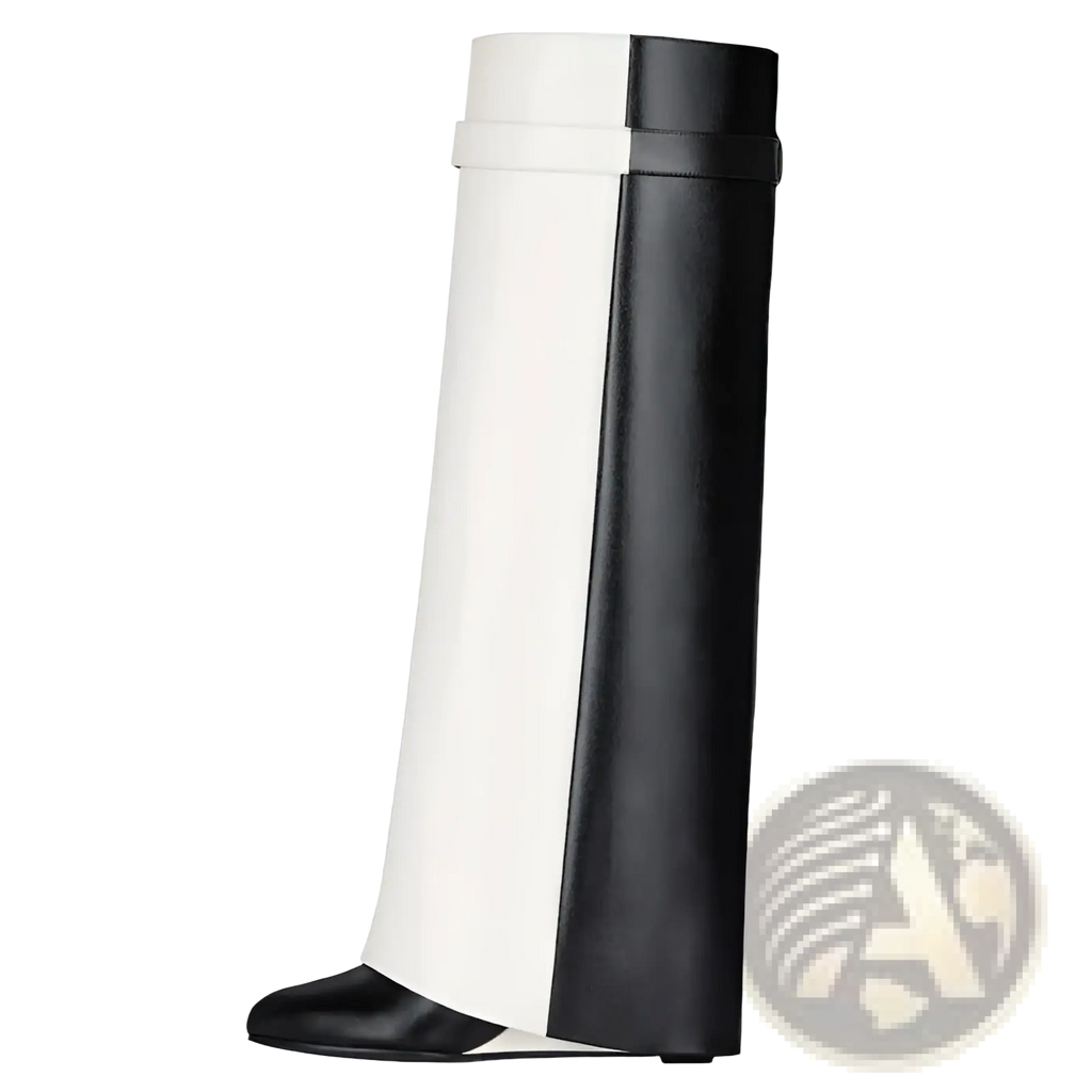Black and white leather knee high wedge boots with silver padlock buckle and sleek modern design