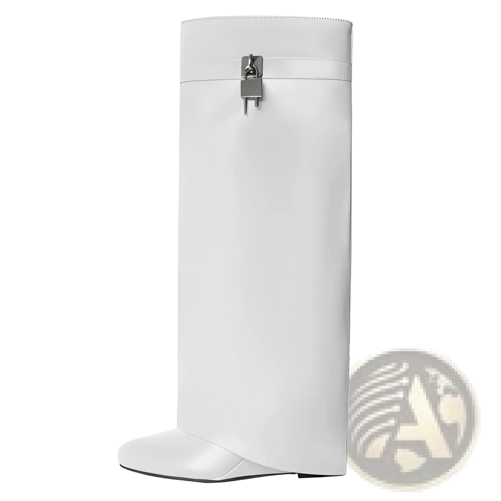 White Givenchy knee high wedge boot with sleek glossy finish and distinctive silver padlock zipper detail at top