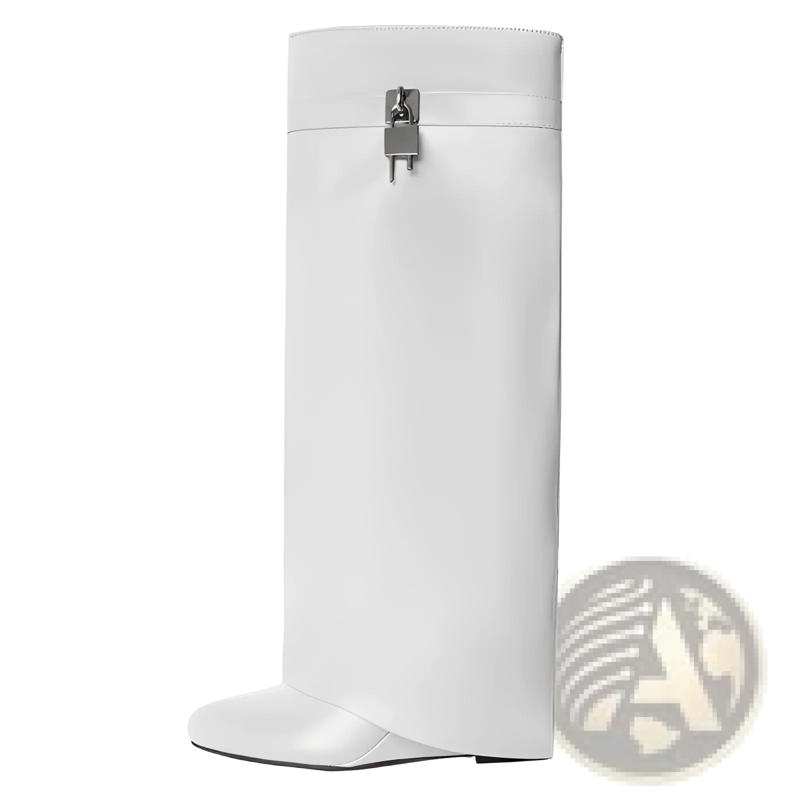 White Givenchy knee high wedge boot with sleek glossy finish and distinctive silver padlock zipper detail at top