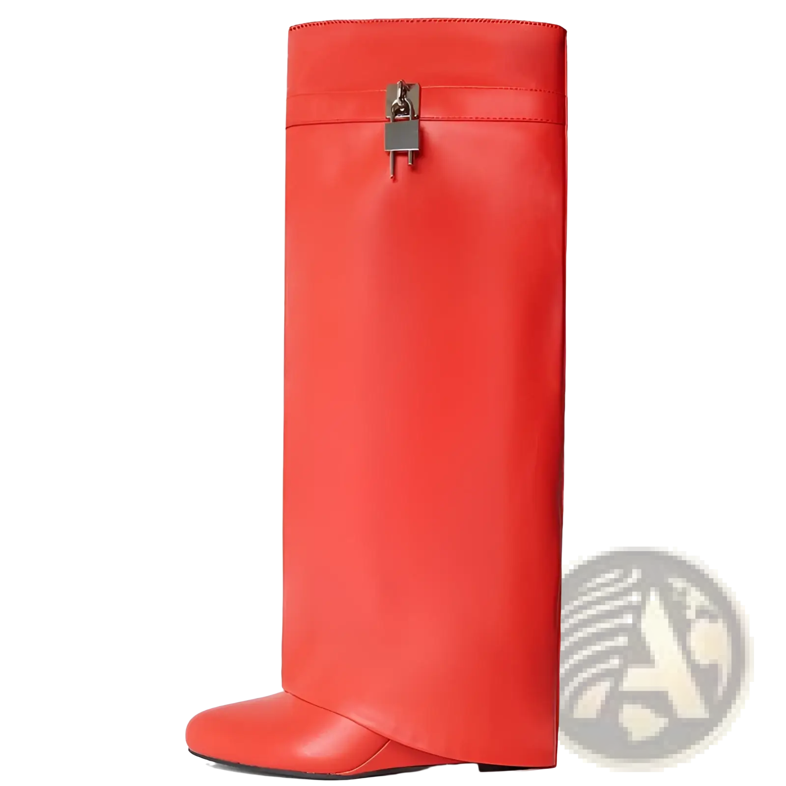 Vibrant red knee high wedge boots with sleek glossy leather and distinctive silver padlock buckle by Givenchy