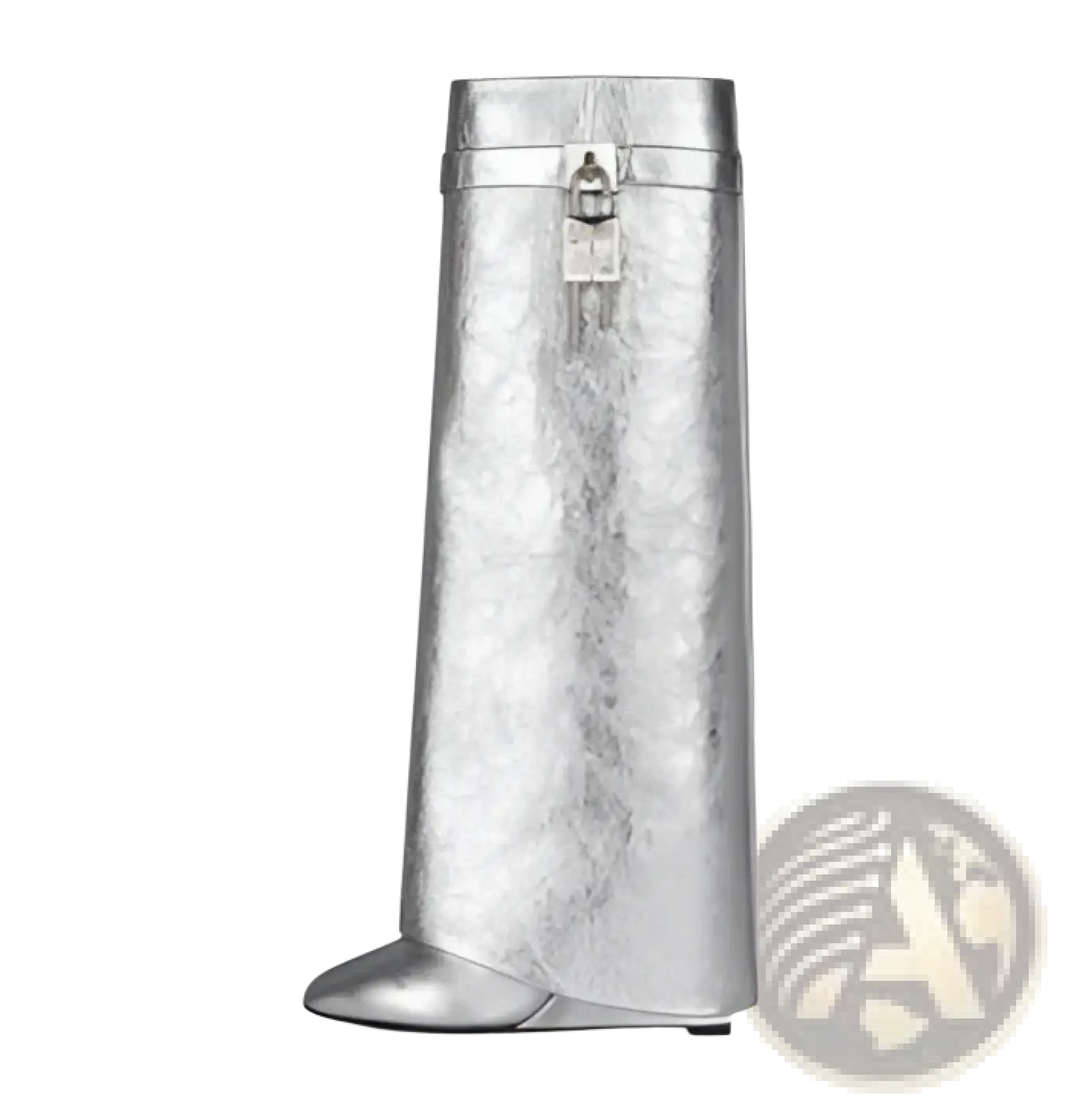 Silver metallic over-the-knee wedge boots with hammered texture and silver padlock buckle detailing