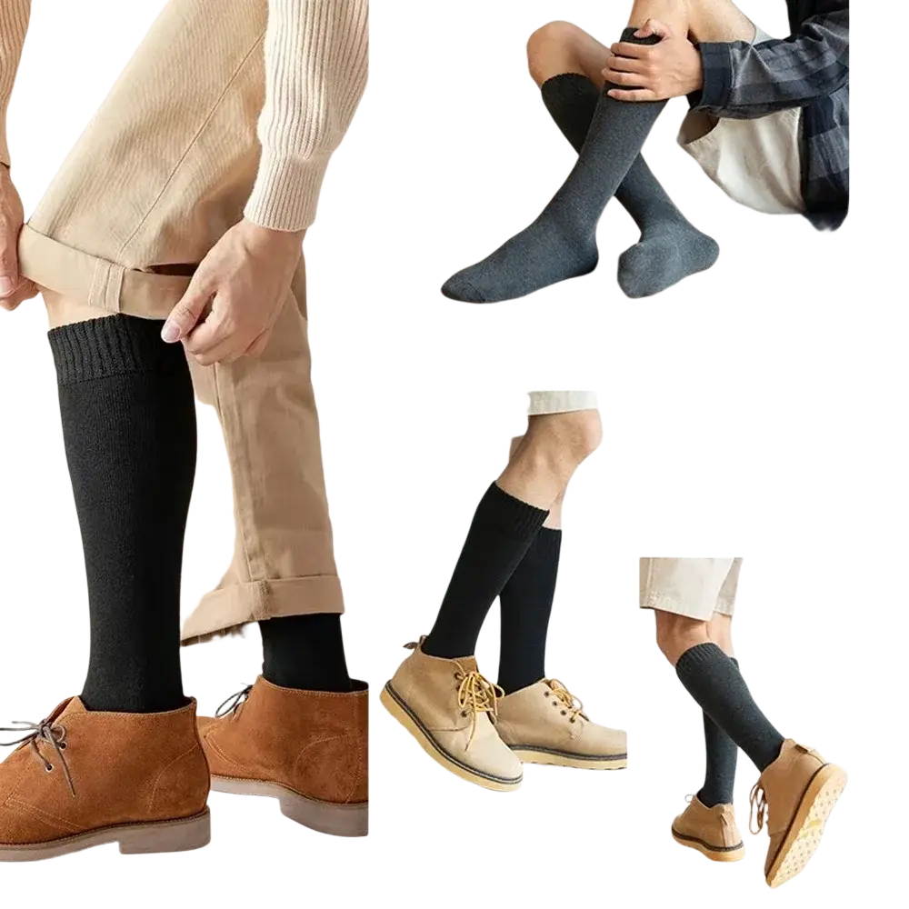 Black knee long socks with ribbed cuff made of soft warm cotton knit for winter compression longer stocking use
