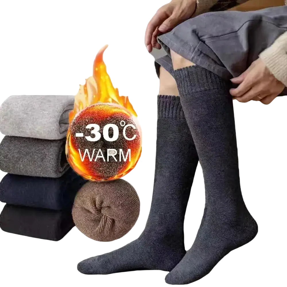 Dark gray knit knee long socks with ribbed cuff warm longer stocking compression cotton for winter down to -30°c