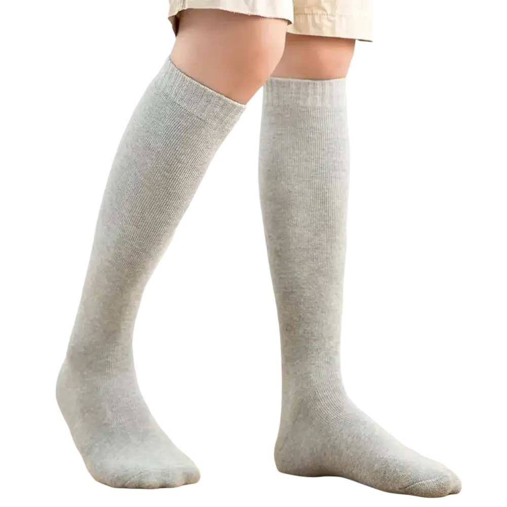 Light gray knee long socks made of soft cotton blend with ribbed knit for warm longer stocking compression winter use