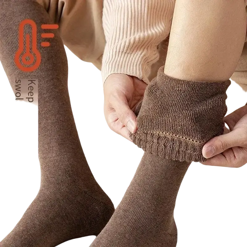 Brown knitted knee long socks with ribbed cuff textured weave made of long socks wool for warm longer stocking use