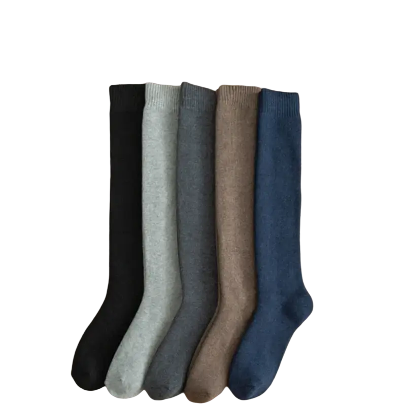 Five pairs of knee long socks wool in black gray tan and navy blue warm longer stockings for winter use
