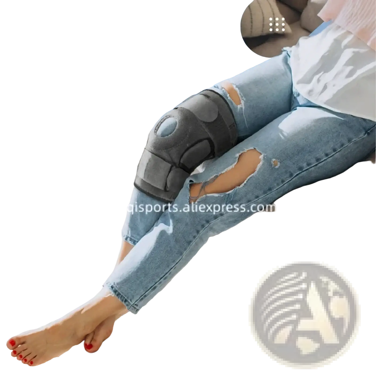Black knee support brace with gray accents and padded design worn on leg for adjustable sports compression