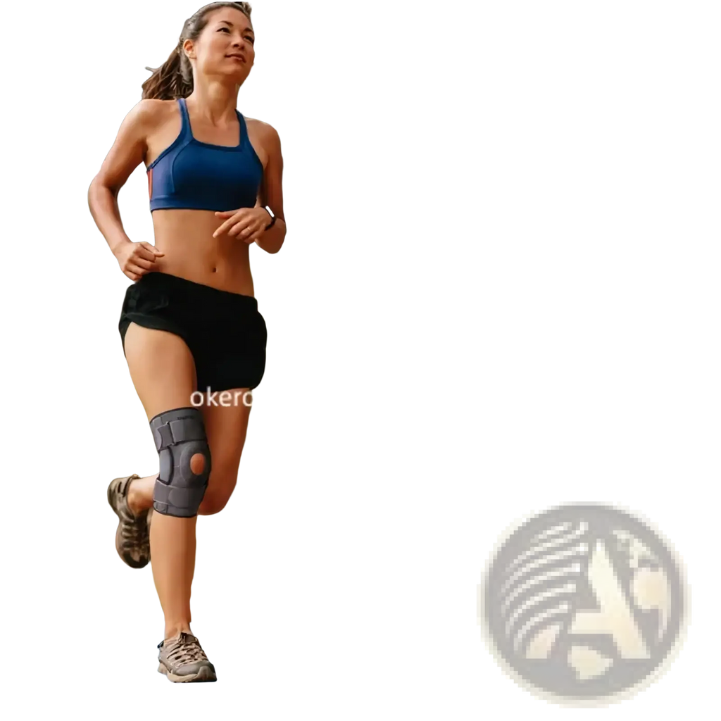 Gray knee support brace with adjustable sports compression and circular kneecap cutout for joint stability and pain relief