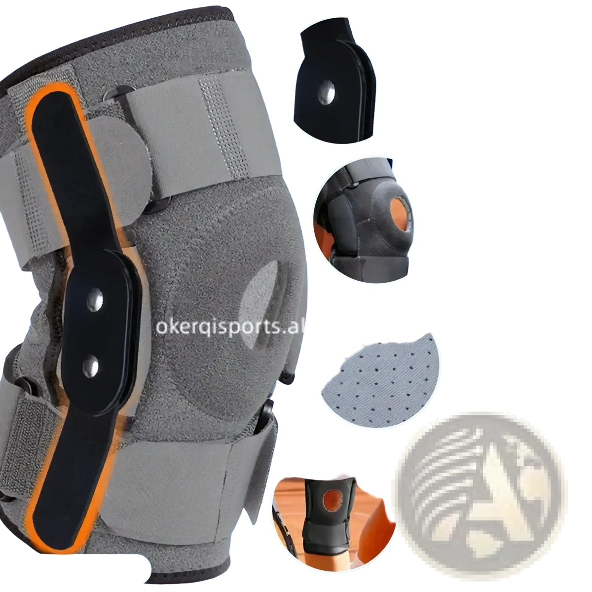Gray and orange knee support brace with adjustable sports compression pad and solid aluminum hinge for stability