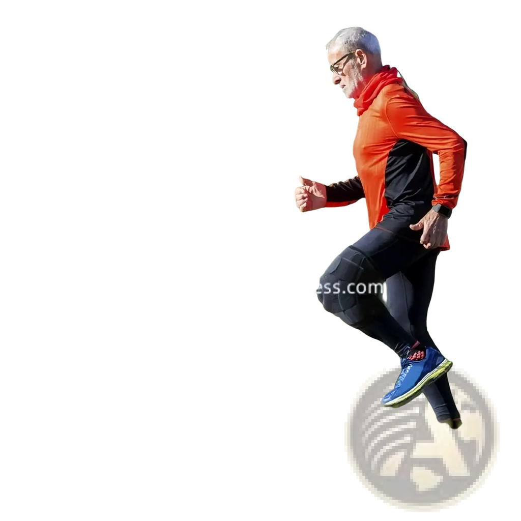 An older man running outdoors wearing an adjustable knee support brace with sports compression pad in black