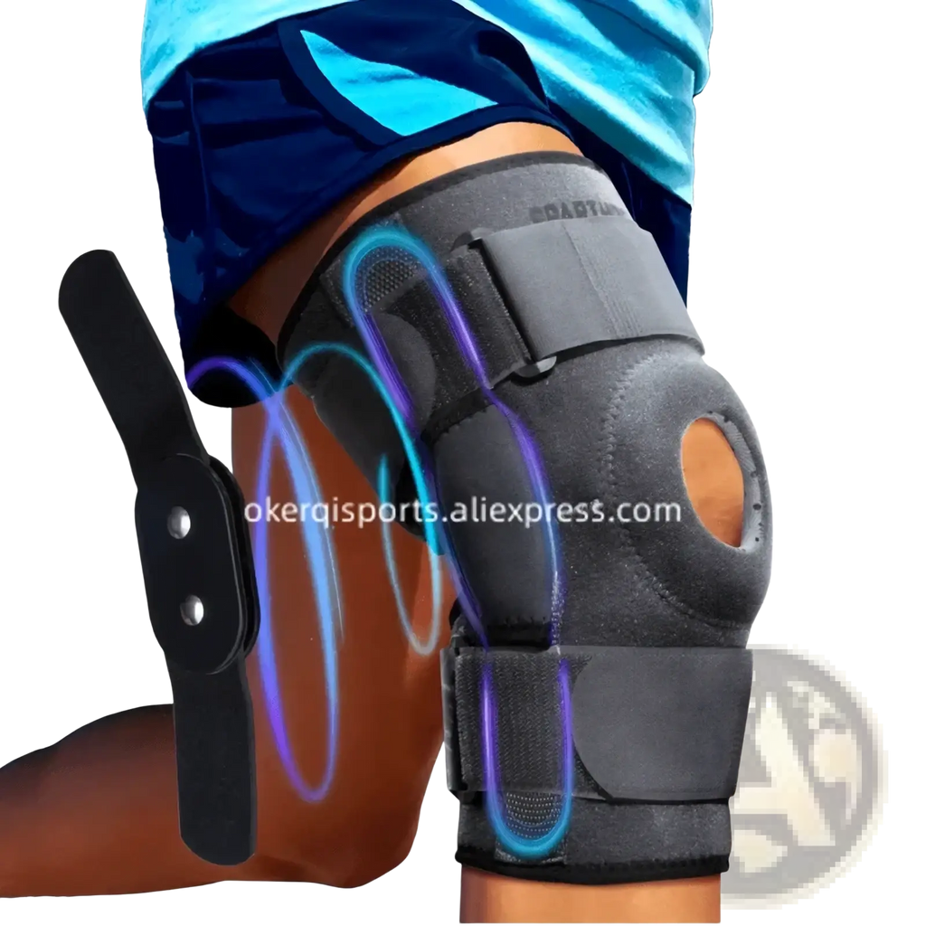 Black knee support brace with adjustable straps, padded design, kneecap cutout, and branded logo for sports compression