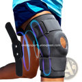 Black knee support brace with adjustable straps, padded design, kneecap cutout, and branded logo for sports compression