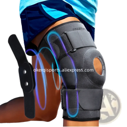 Black knee support brace with adjustable straps, padded design, kneecap cutout, and branded logo for sports compression