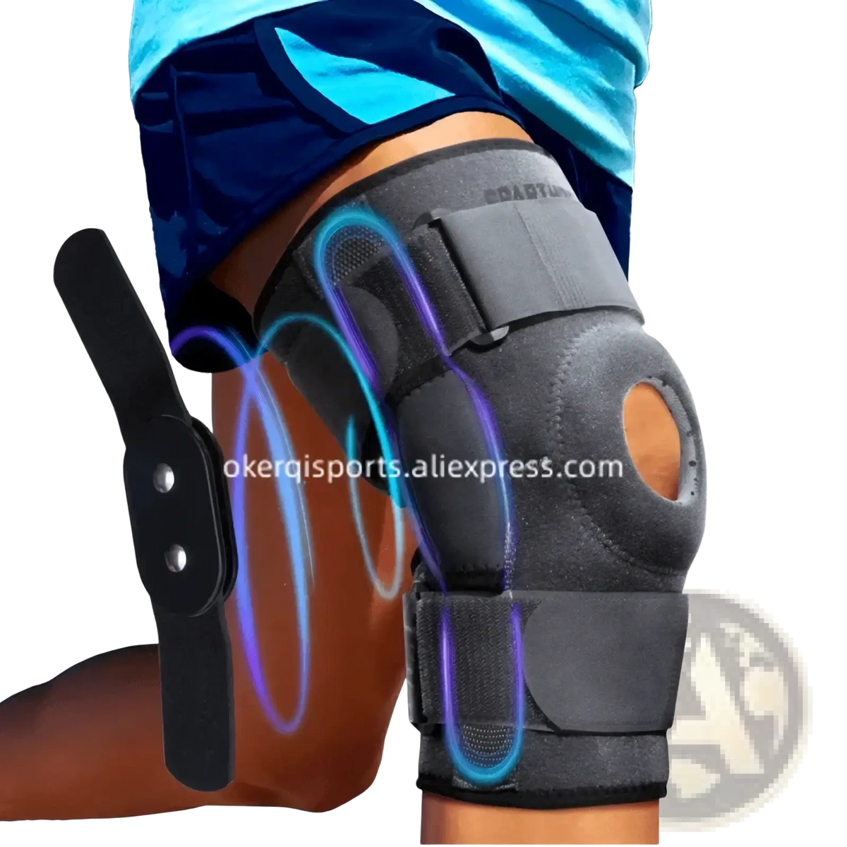 Black knee support brace with adjustable straps, padded design, kneecap cutout, and branded logo for sports compression