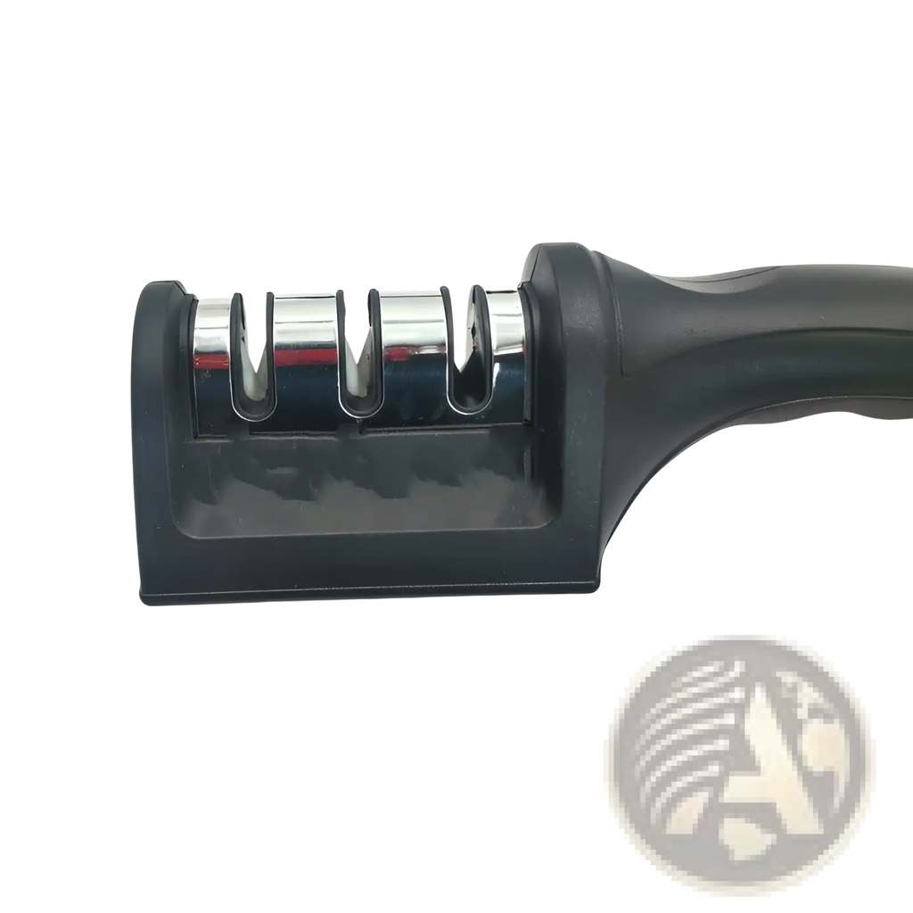 Black plastic handled manual knife sharpener with three stainless steel sharpening slots for kitchen use