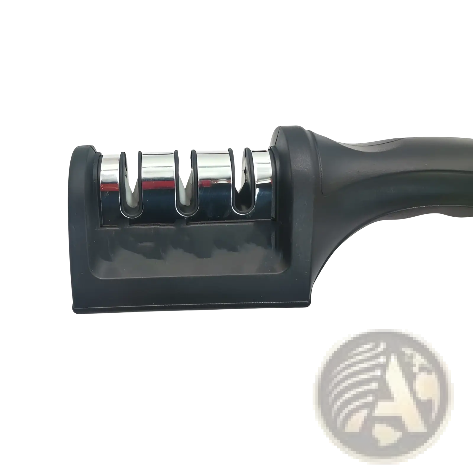 Black plastic handled manual knife sharpener with three stainless steel sharpening slots for kitchen use