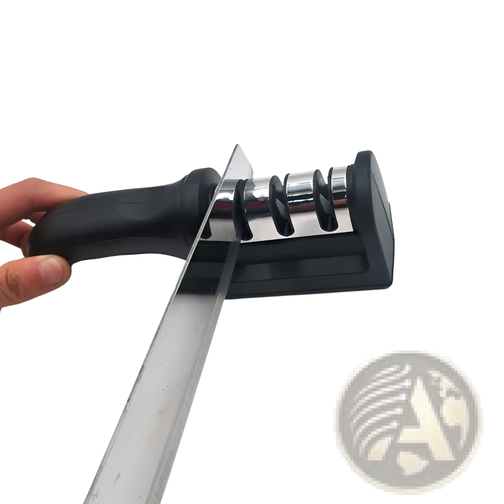 Black-handled knife sharpener with three chrome grinding stones for manual 3 stage kitchen sharpening tool