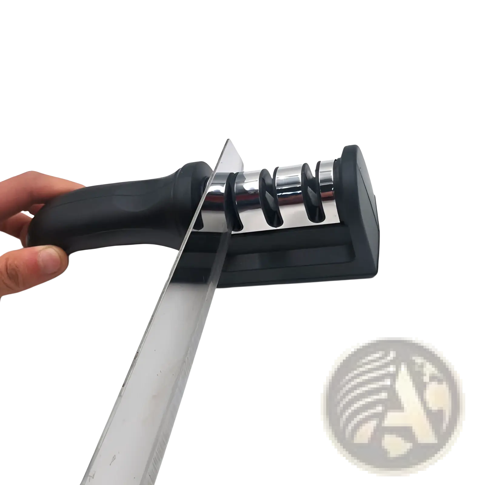 Black-handled knife sharpener with three chrome grinding stones for manual 3 stage kitchen sharpening tool