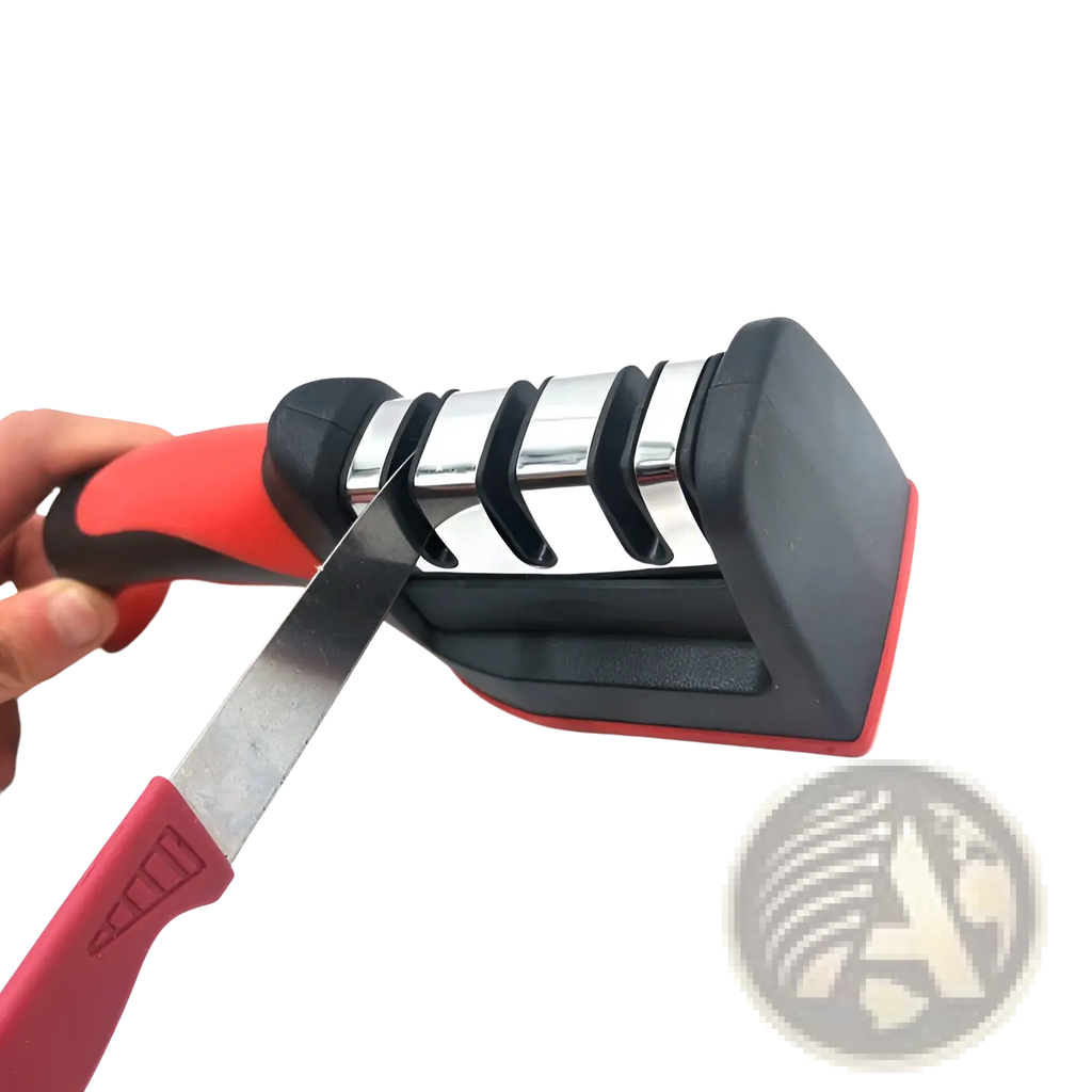 Knife sharpener 3 stage manual kitchen tool with red and black handle and three stainless steel grinding slots