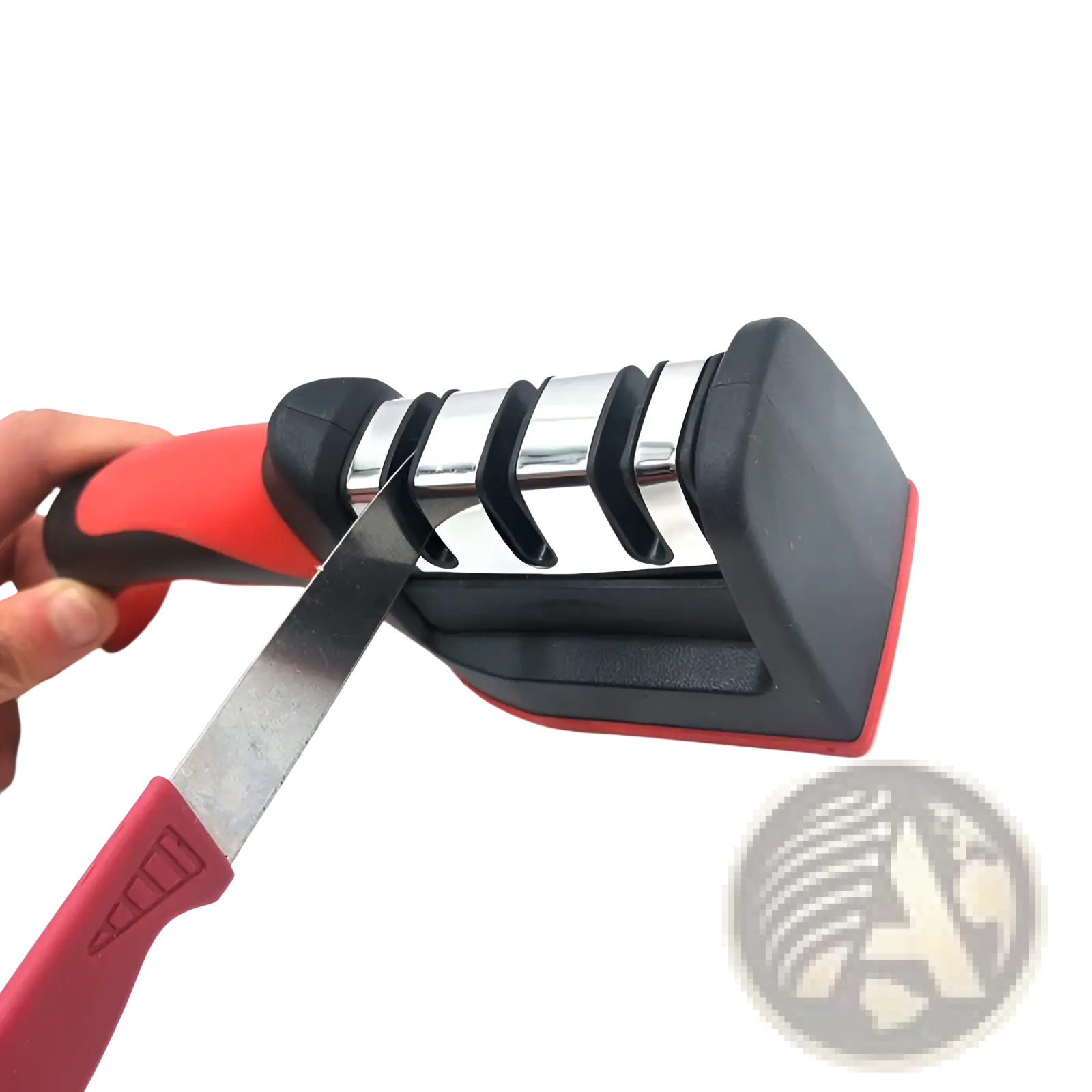 Knife sharpener 3 stage manual kitchen tool with red and black handle and three stainless steel grinding slots