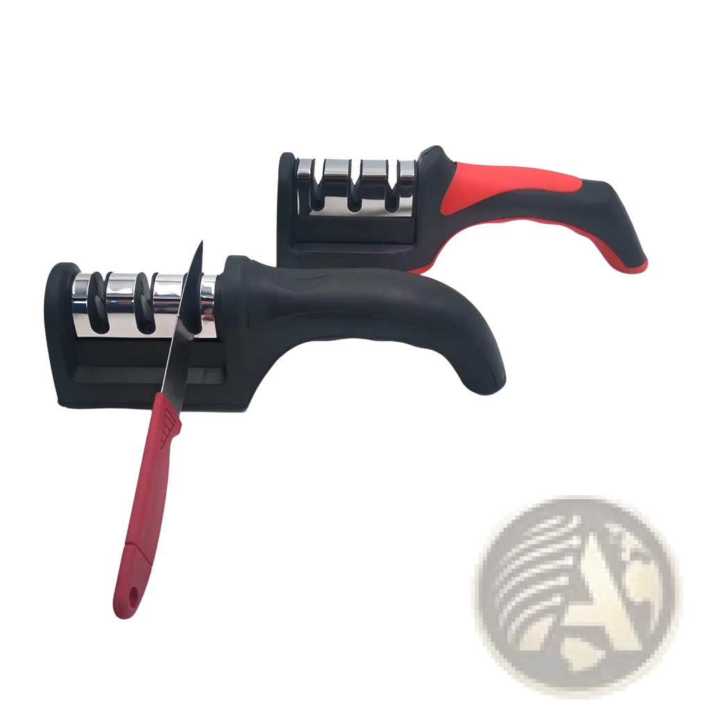 Red and black handheld knife sharpener with three stainless steel sharpening stages for manual kitchen use