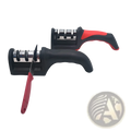 Red and black handheld knife sharpener with three stainless steel sharpening stages for manual kitchen use