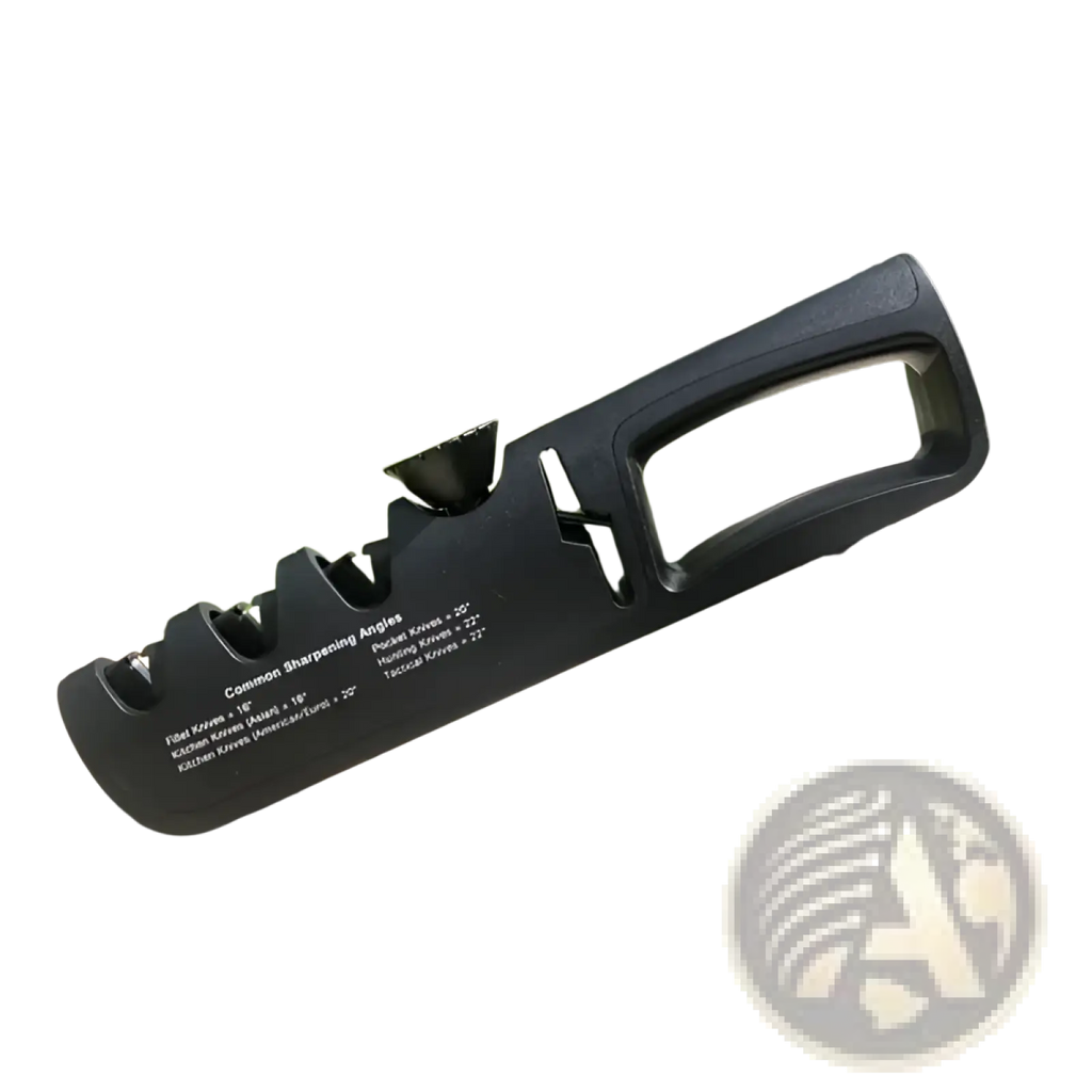 Black plastic 5 in 1 adjustable professional knife sharpener with multiple angled slots for various blade types