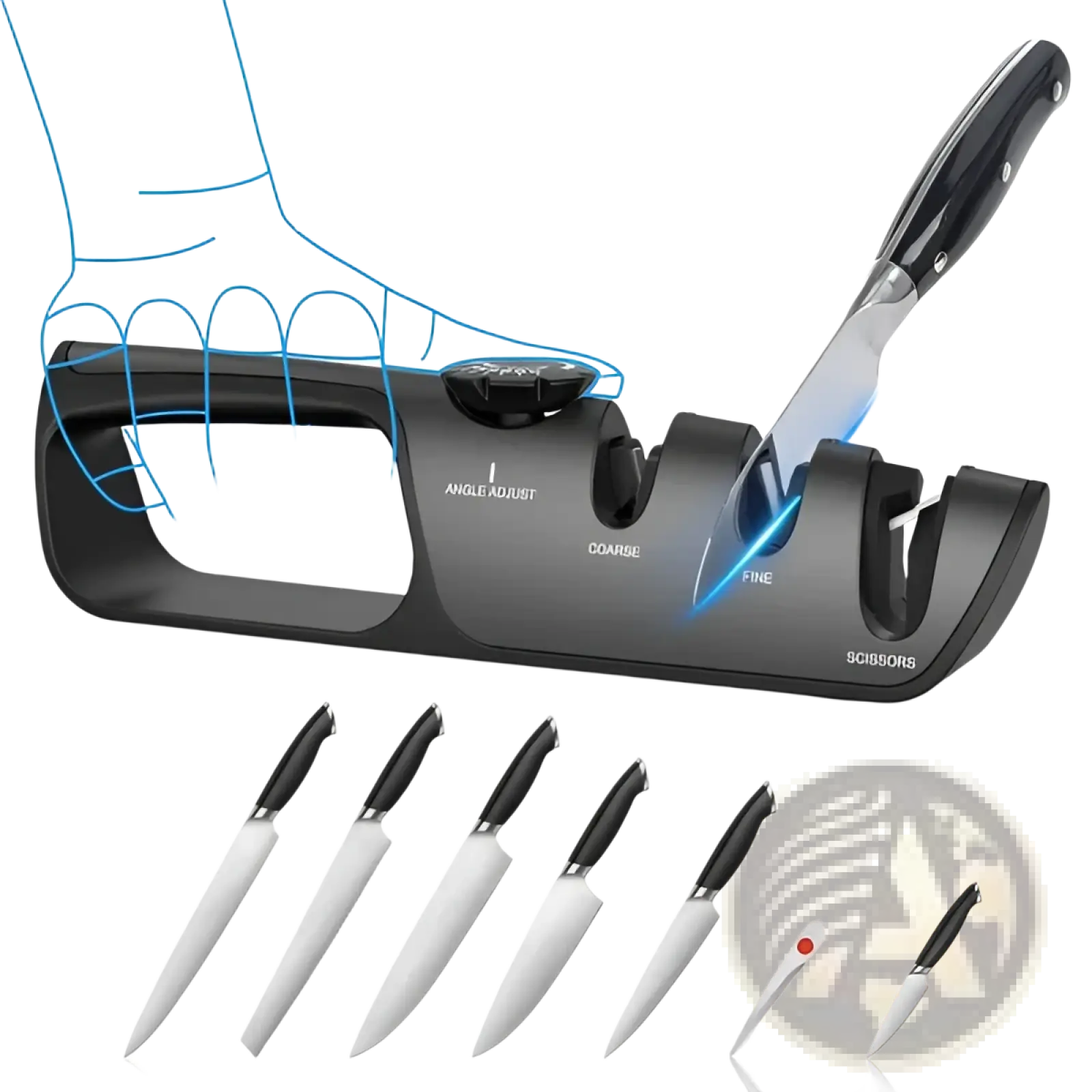 Black electric knife sharpener 5 in 1 with adjustable angle and coarse fine settings for knives and scissors sharpening
