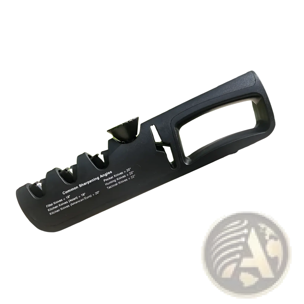 Black plastic 5 in 1 adjustable professional knife sharpener with multiple slots for different blade angles
